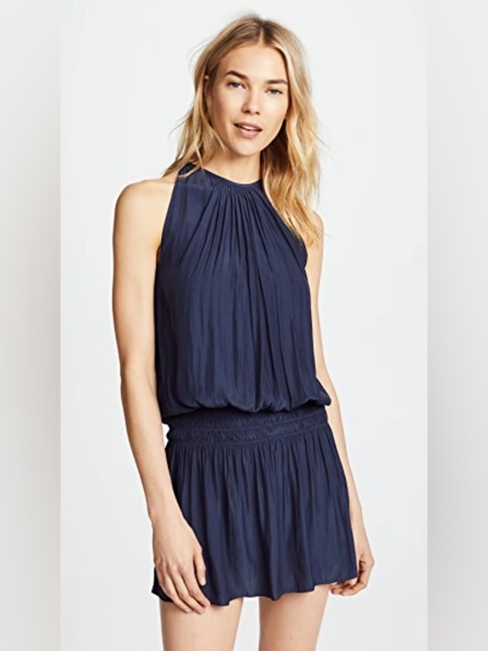 Ramy Brook Paris Sleeveless Halter Drop Waist Mini Dress in Spring Navy msrp$345